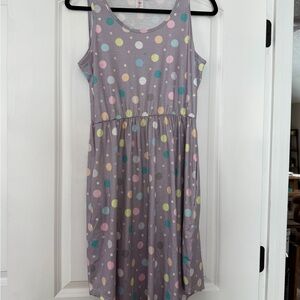 Chic Polka Dot Midi Dress - Gray/Lavendar base with multicolored dots